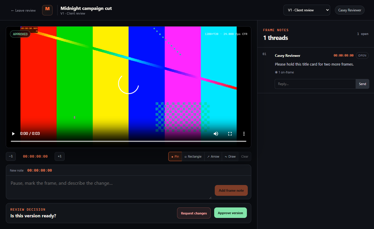 Marktake guest review showing a video frame, drawing tools, a frame note, and approval controls
